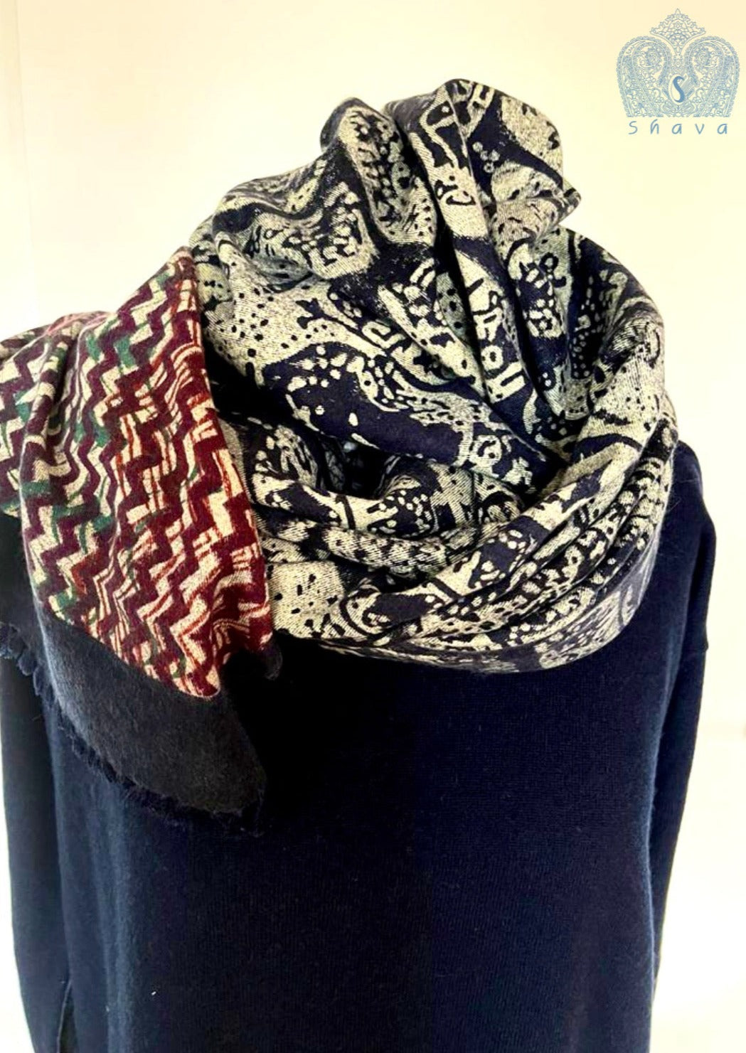 Block Print Shawl - Dark Red Black