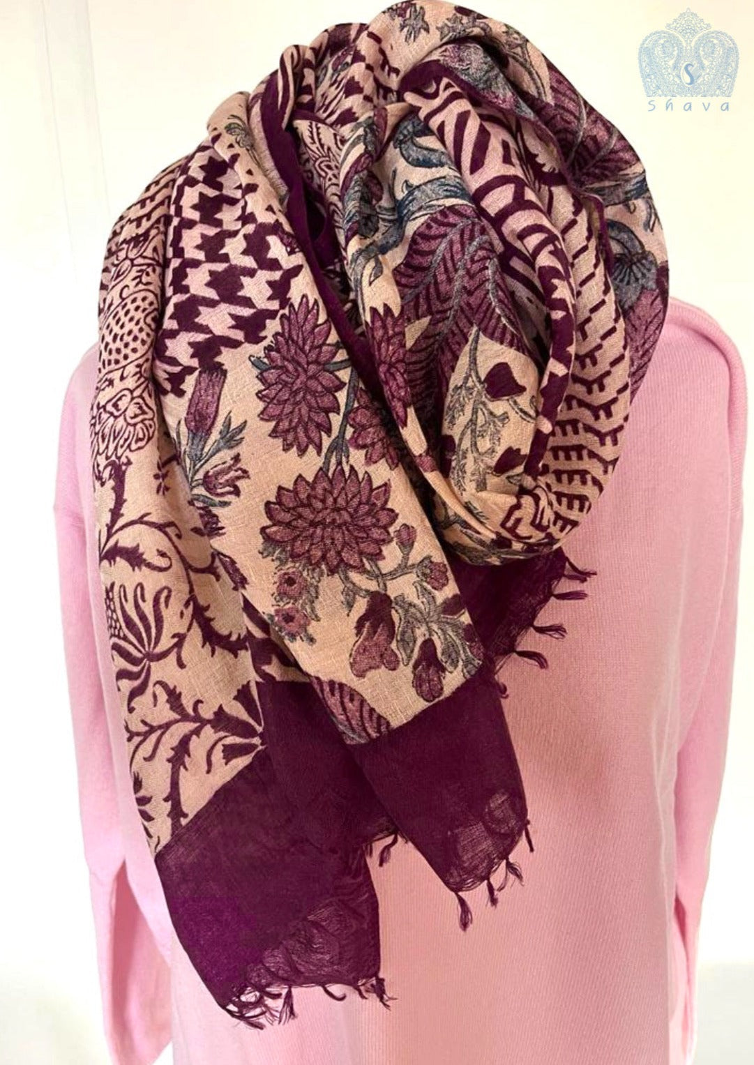 Block Print Shawl - Burgundy Floral