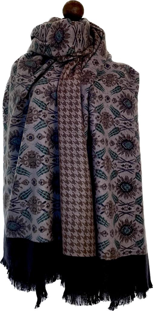 Block Print Shawl - Floral Geometric Houndstooth Blue