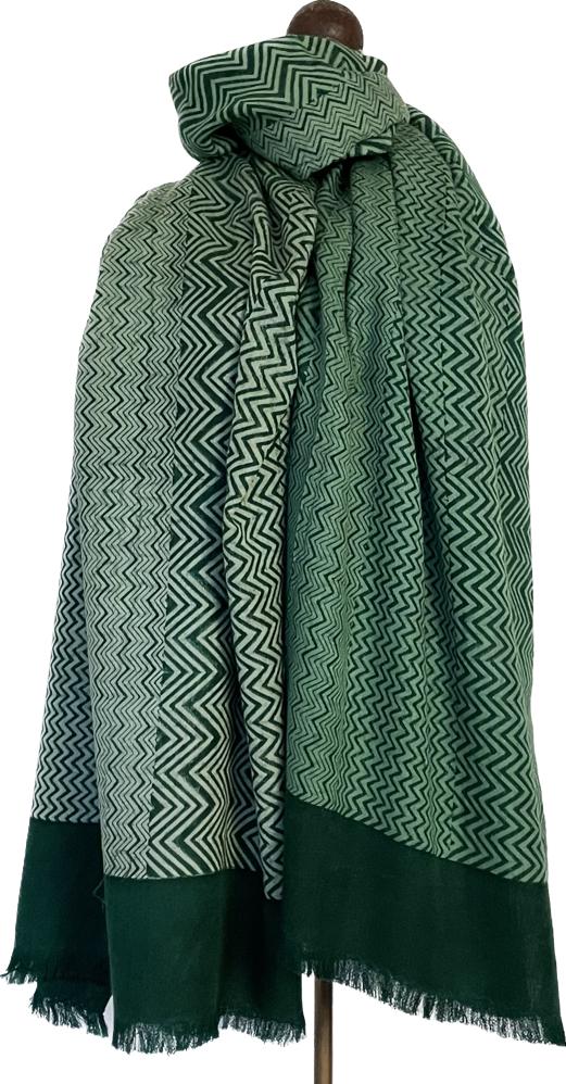 Block Print Shawl - Zigzag Forest Green