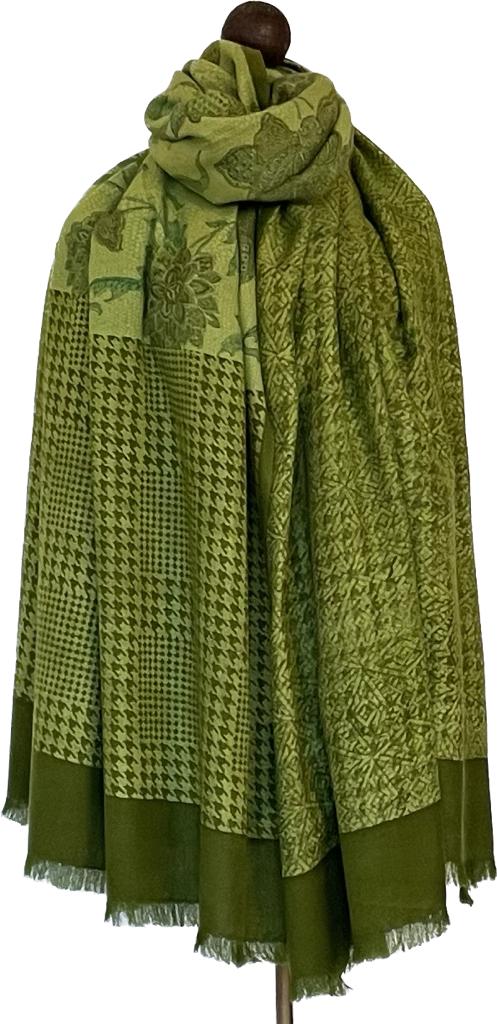 Block Print Shawl - Floral Geometric Houndstooth Green