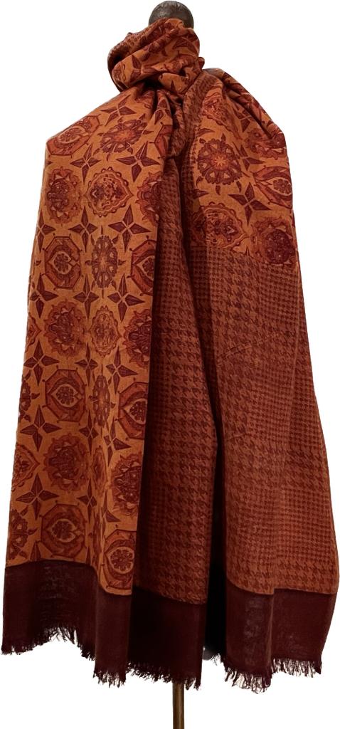 Block Print Shawl - Floral Houndstooth Rust