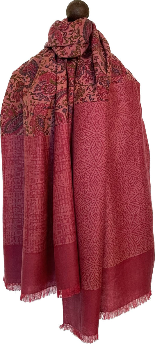 Block Print Shawl - Geometric Floral Deep Red