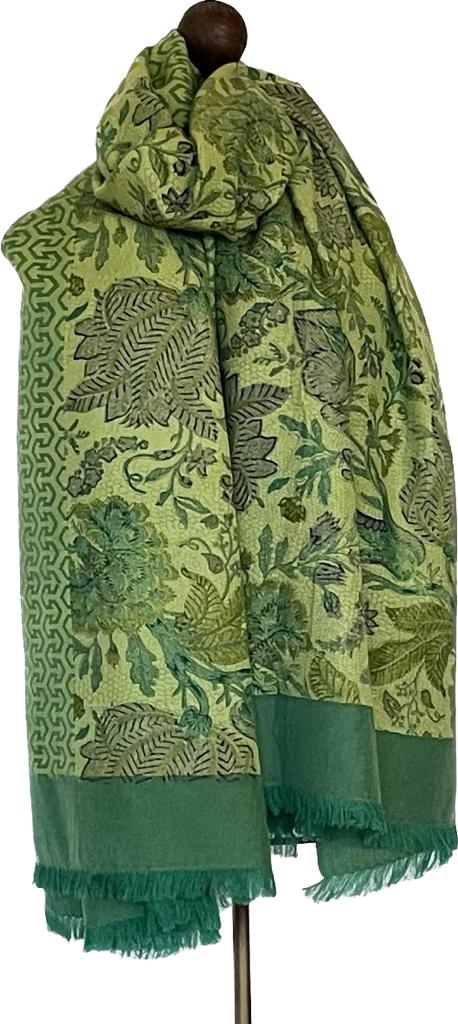 Block Print Shawl - Large Floral Green