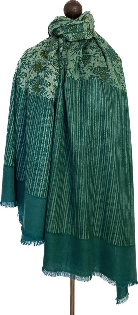 Block Print Shawl - Striped Floral Forest Green